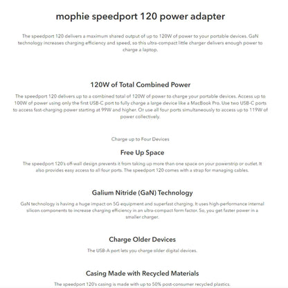 Mophie Speedport 120W Power Adapter USB-C PD GaN Technology - White