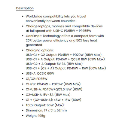 Energea TravelWorld Adapter GaN65 USB-C PD 65W + PPS 55W Universal Adapter (Barcode: 6957879461705 )