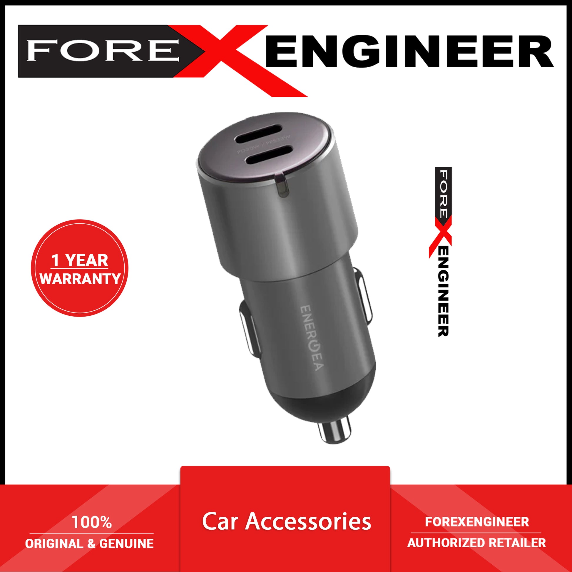 ENERGEA AluDrive D60 Car Charger 66W Max ( 30W PD ) Duo USB-C Port ( Barcode: 6957879424755 ) - Forexengineer -Malaysia- 6957879424755