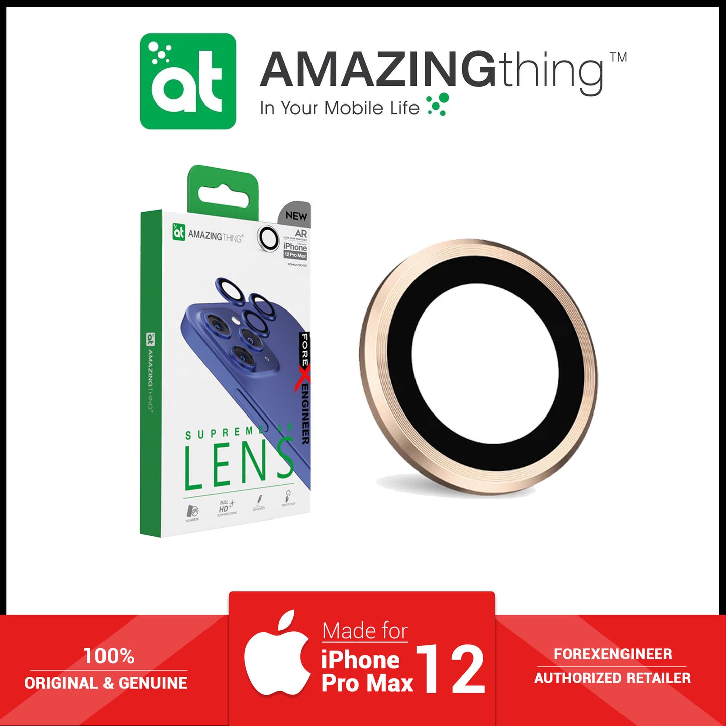 AmazingThing SUPREME AR 3D Lens Protector for iPhone 12 Pro Max - 3 pcs - Gold (Barcode: 4892878062985 )