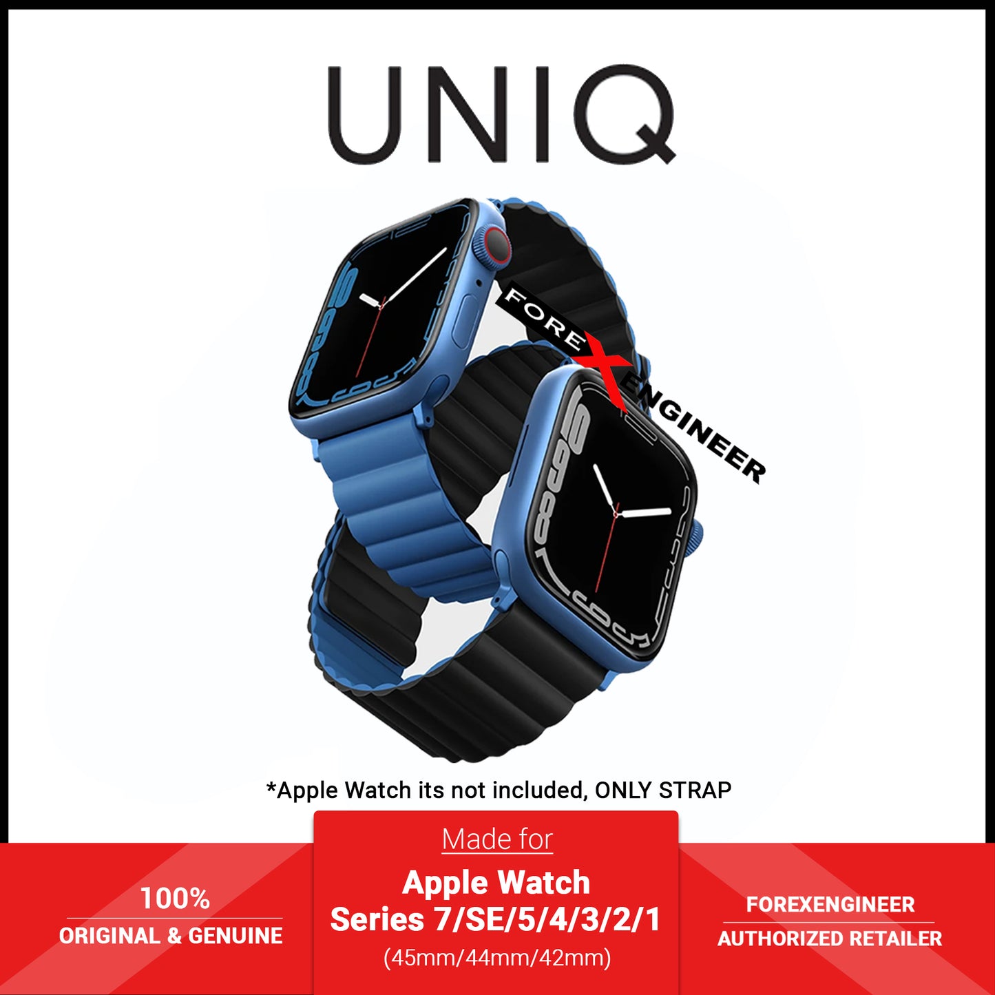 UNIQ Revix Magnetic Silicone Strap for Apple Watch Series 7 - SE - 6 - 5 - 4 - 3 - 2 - 1 ( 45mm - 44mm - 42mm ) - Caspian ( Blue - Black ) (Barcode: 8886463679142 )