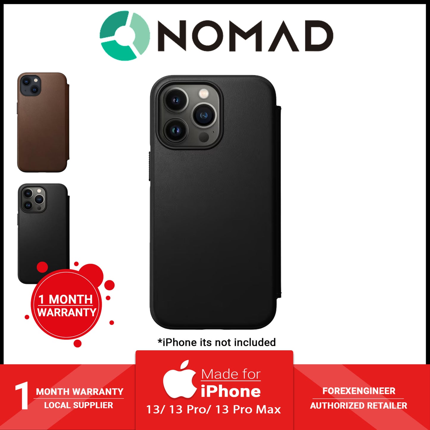 [ONLINE EXCLUSIVE] Nomad Modern Leather Folio Rugged Case for iPhone 13 Pro 6.1" 5G - MagSafe Compatible - Black (Barcode: 856500010786 )
