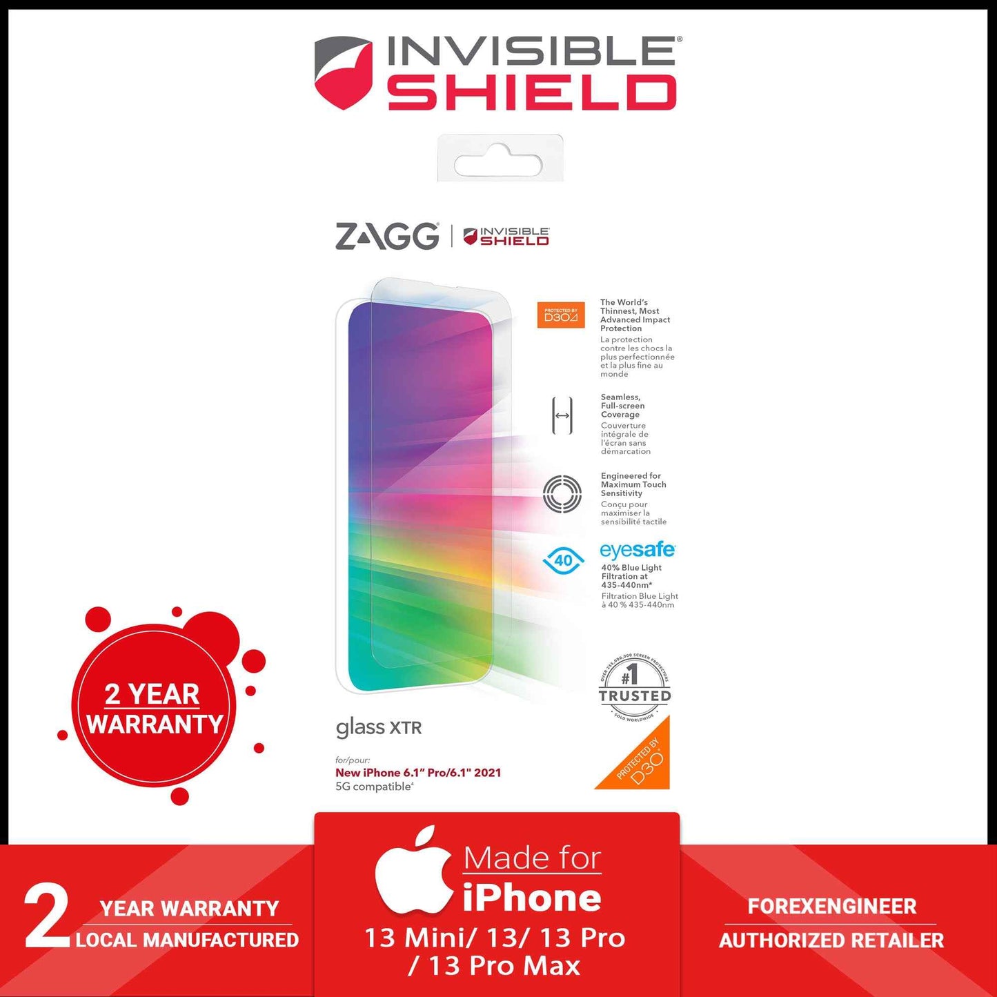 InvisibleShield Glass XTR D30 for iPhone 13 - 13 Pro 6.1" 5G - Case Friendly Screen (Barcode: 840056148925 )