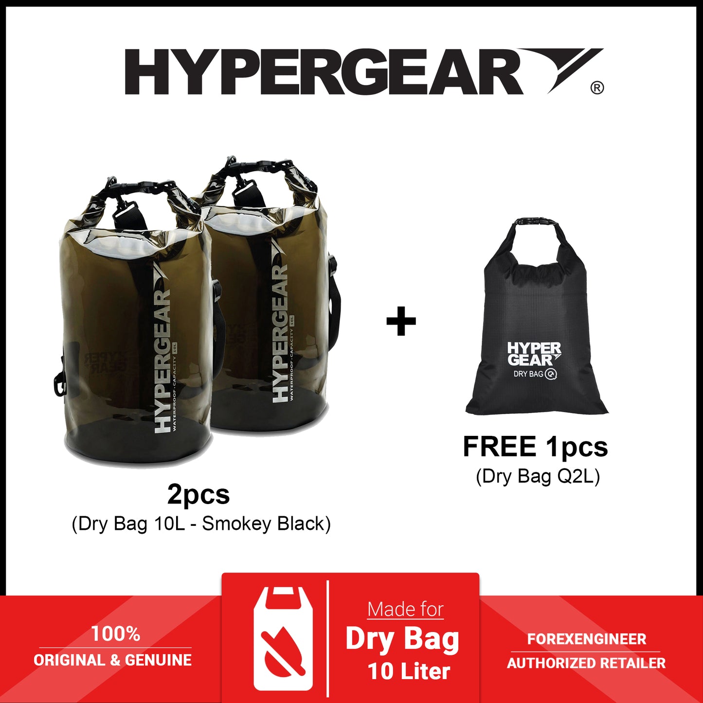 HyperGear 10L Dry Bag - Smokey Black ( 2pcs ) + FREE ( 1pcs ) Dry Bag Q2L ( Barcode: 301150 + 30111 )