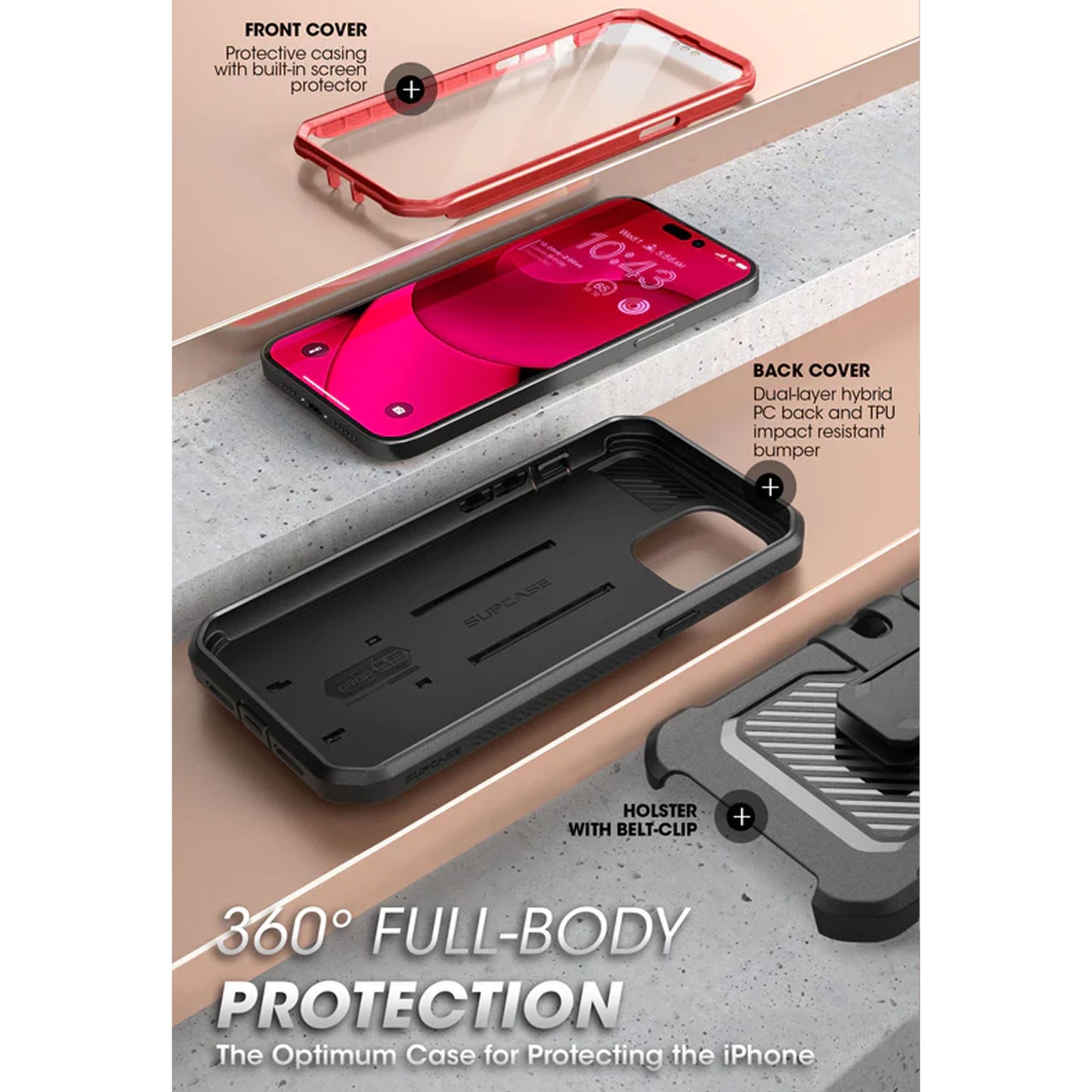 Supcase Unicorn Beetle UB PRO for iPhone 14 Pro Max - Rugged Case with Built-In Screen Protector - Metallic Red